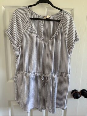 Universal Thread Blue & White Striped Beachy Cotton Romper with Drawstring Waist
